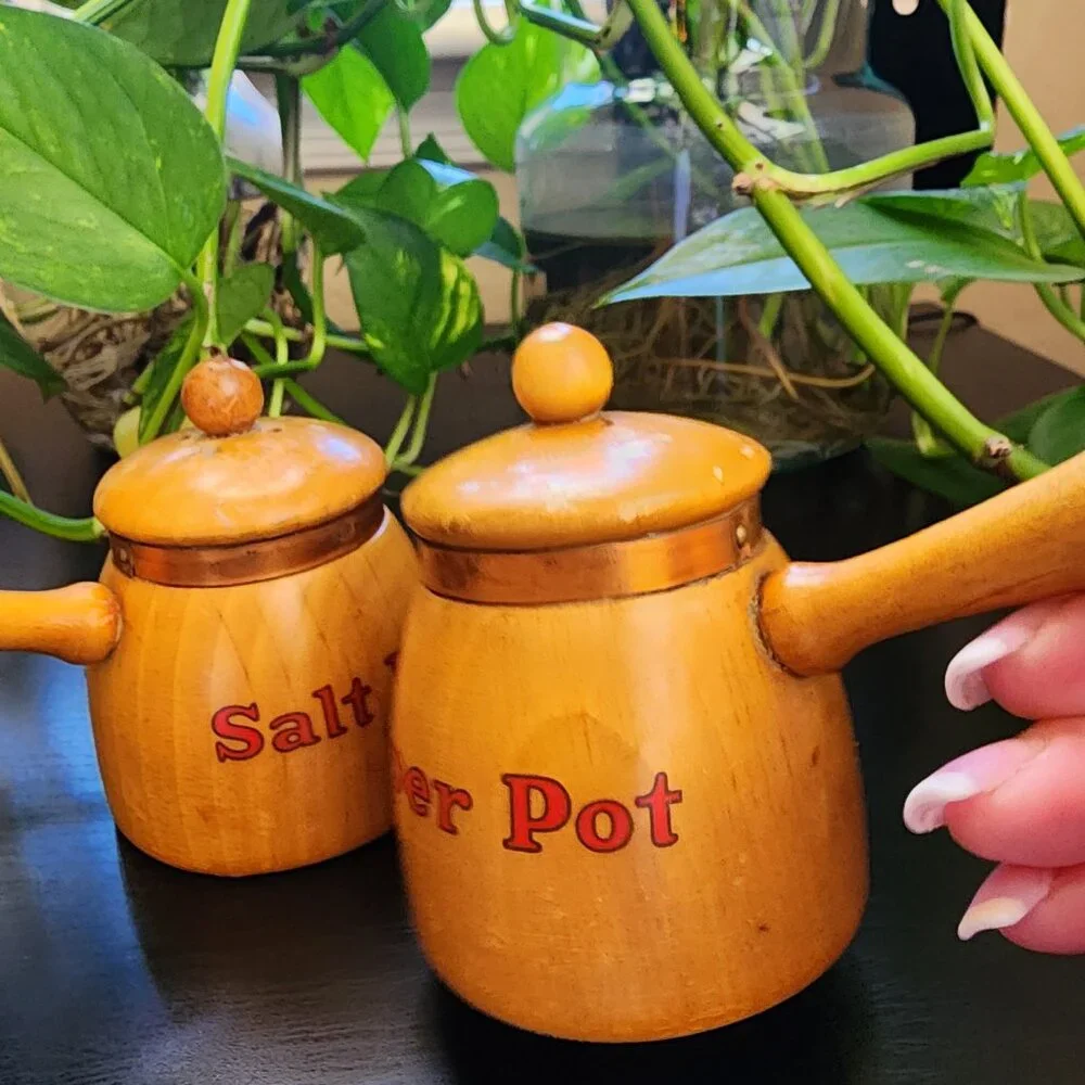 Vintage Salt Pot & Pepper Pot Handled Copper Accent MCM Wood Shakers